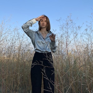 Gray Satin Blouse with long sleeve, Formal Gray Women&#39;s Shirt for Office, Events, and Weddings, Gothic Evening Party Top, Button down Blouse