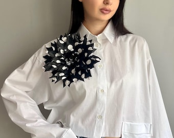Large Polka Dot Flower Brooch – Oversized Floral Satin Rose Brooch for Dresses, Blazers & Shirts | Statement Big Black White Pin