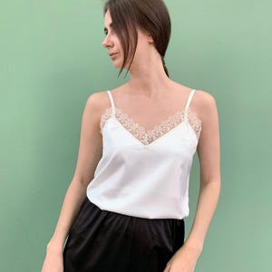 White Silk Cami Top with Lace, Women Satin Tank Blouse, Bridal Satin Sleeveless Top, Silk camisole with adjustable straps
