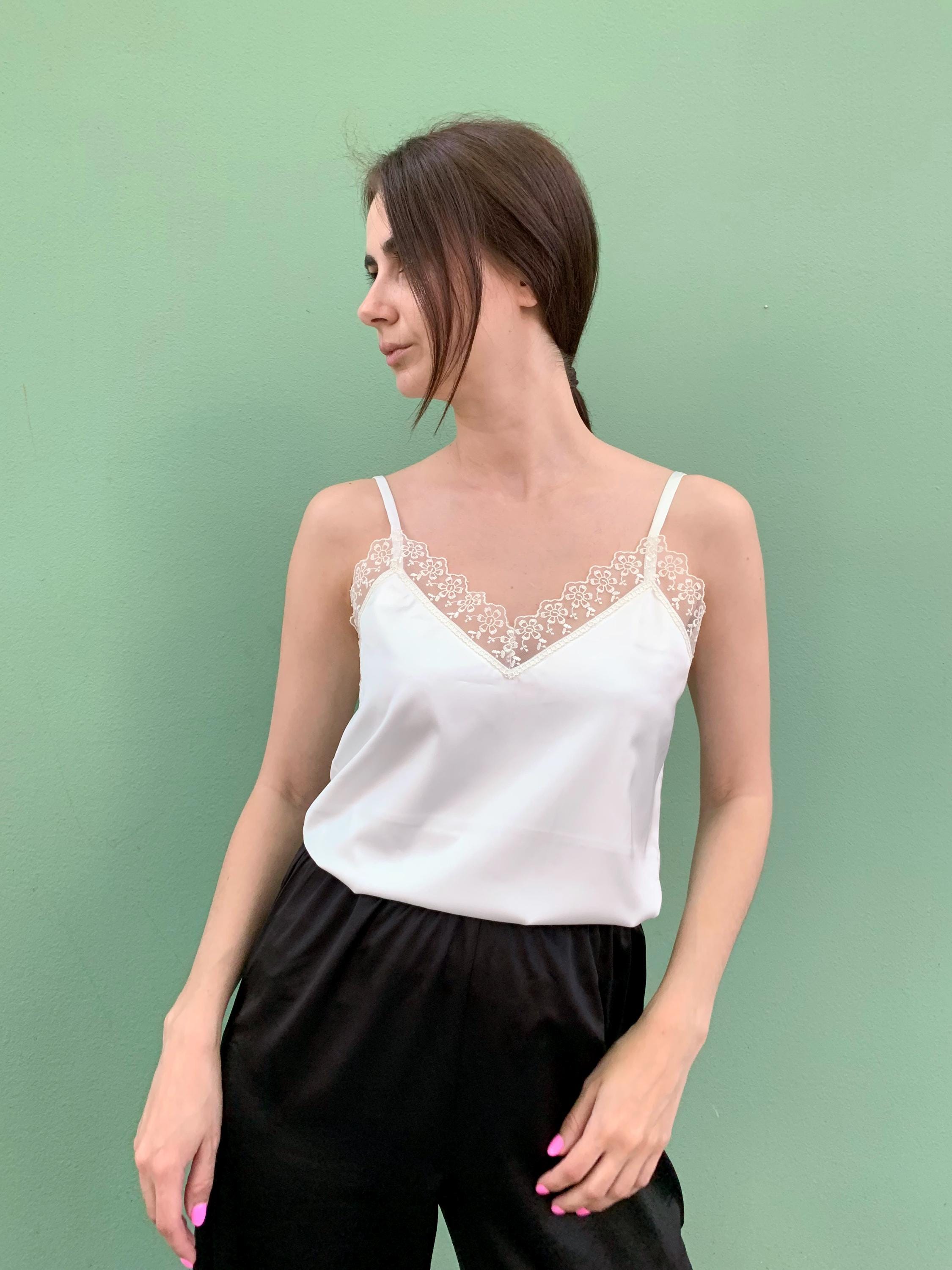 White Silk Cami Top With Lace, Women Satin Tank Blouse, Bridal Satin — free download
