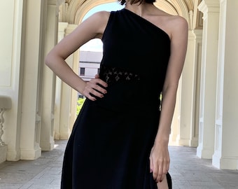 One Shoulder Black Knit Cocktail Dress, Asymmetric Midi Dress with Lace Cutout and Thigh Slit, Sexy Elegant Date Night LBD, Quiet Luxury