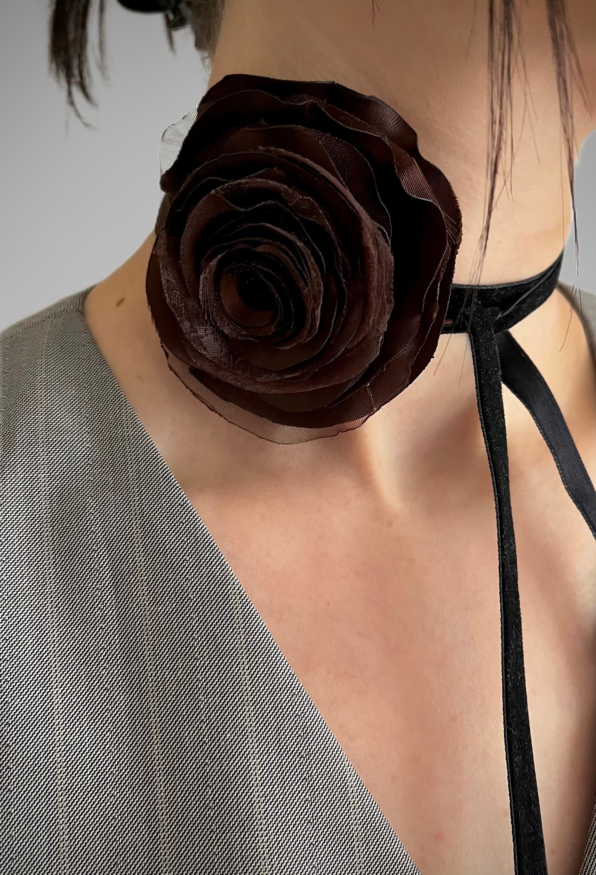Lola Flower Choker Necklace - Chocolate Brown with Black Velvet Ribbon –  Antilogy