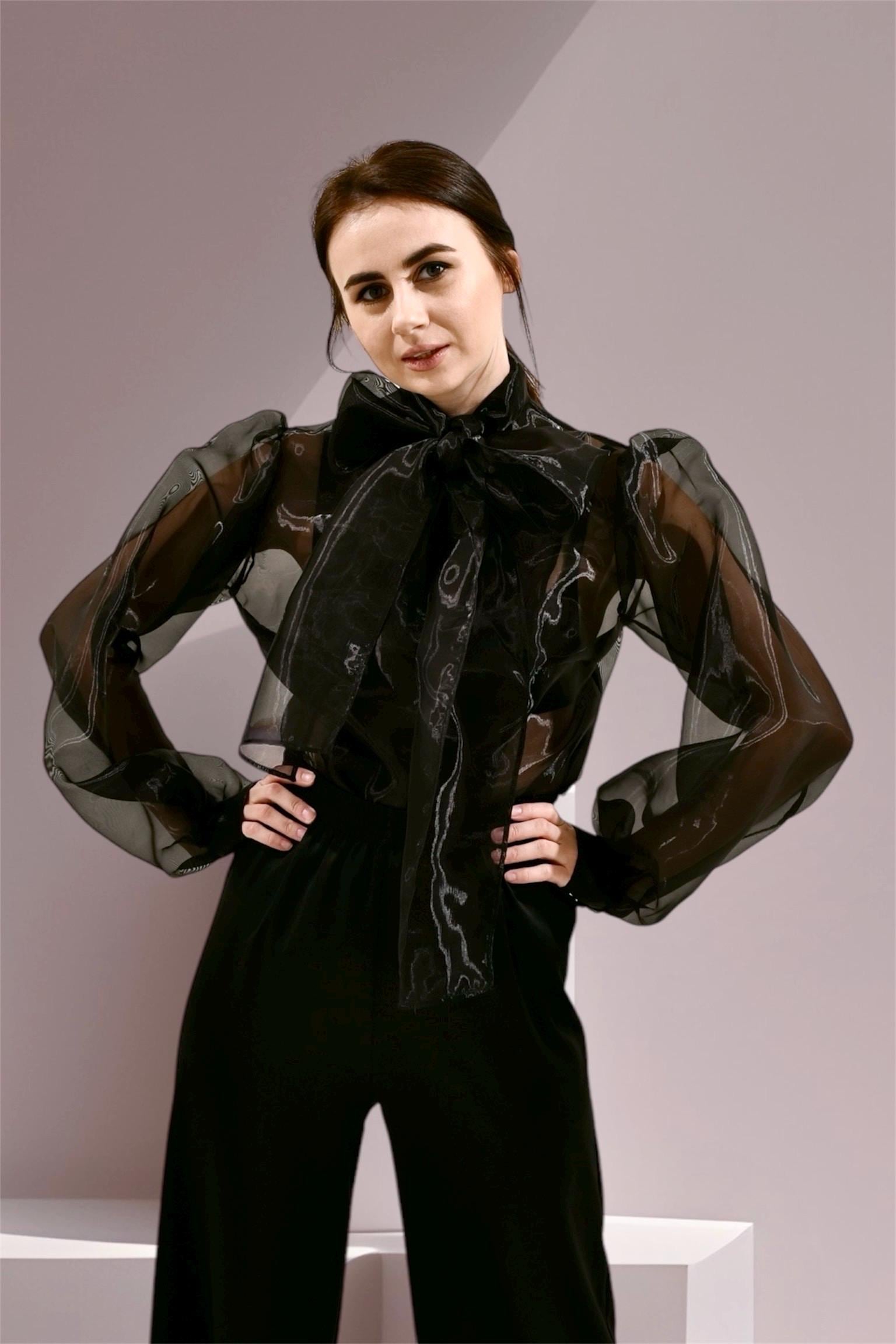 Black Sheer Organza Blouse With Puff Sleeves and Statement Bow 