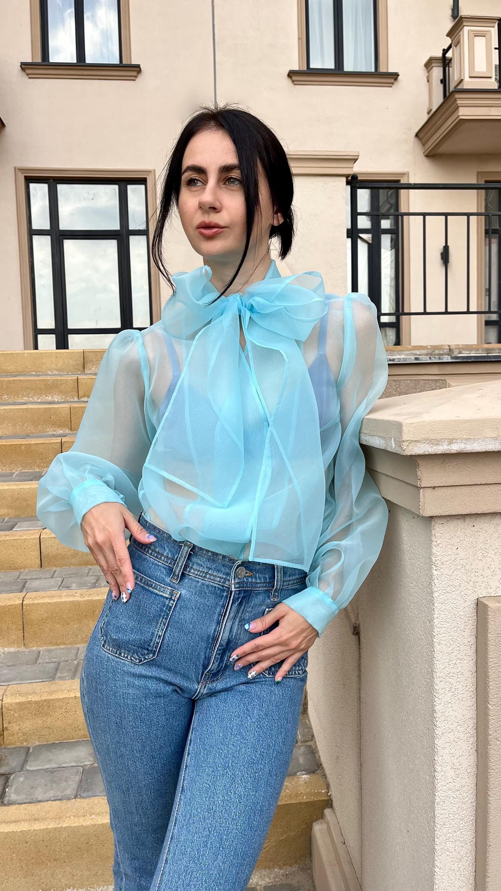 Sheer Blue Organza Blouse With Bow Tie/ Transparent Puff Sleeve