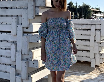 Floral Cottagecore Dress, Smocked Puff Sleeve Regency Dress, Pink and Blue Wildflower Summer Minidress, Romantic Garden Party Outfit