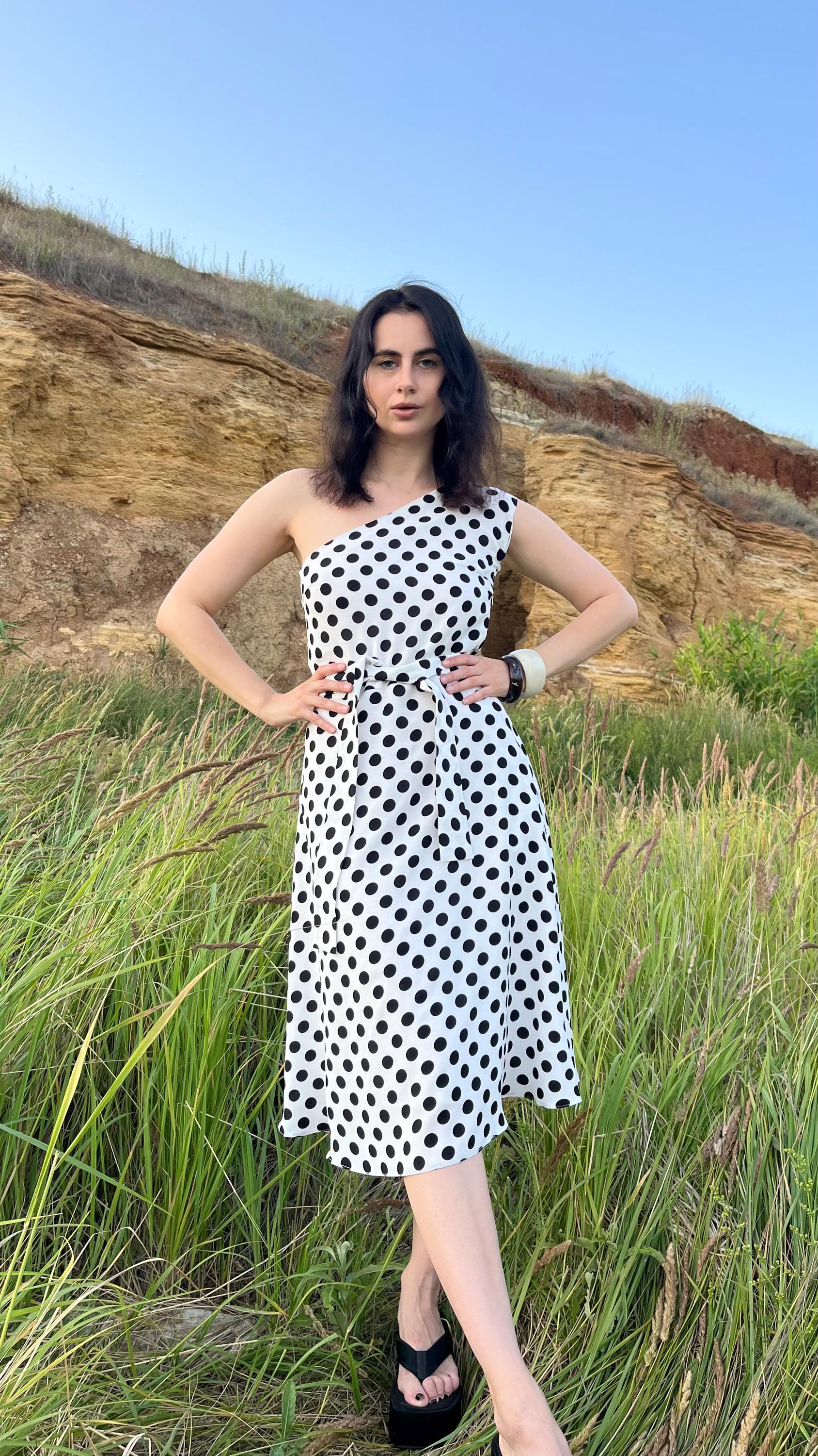 black and white polka dot one shoulder dress Mio dress XS / Polka dot