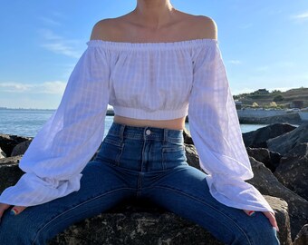 White Cotton Off the Shoulder Crop Top, Boho Summer Blouse with Puff Bell Sleeves, Cottagecore Beach Top, Romantic Bridal Shower Crop Blouse