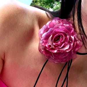 Large pink Flower Choker Necklace on Black  Ribbon: Gothic Flower Jewelry*  Pink organza Flower Handmade Floral Rose Choker for Women