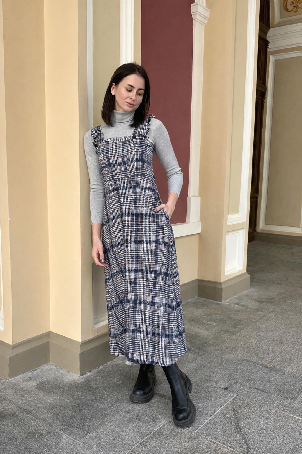slim fit dress slacks Ladies Clothing And Shoe Wholesaler Stylewise Direct UK Grey Check Pinafore  Dress main image 1