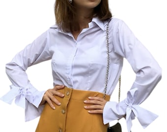 White Blouse with Bow Cuffs • Wrinkle Resistant Flattering Fit • Office Siren Aesthetic Statement Shirt