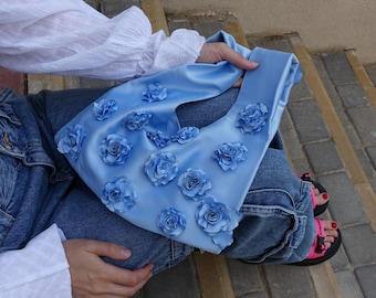 Light Blue Satin Flower Bag, 3D Rose Handcrafted Slouchy Tote, Satin Lining Shoulder Purse, Unique Bridal or Everyday Statement Gift