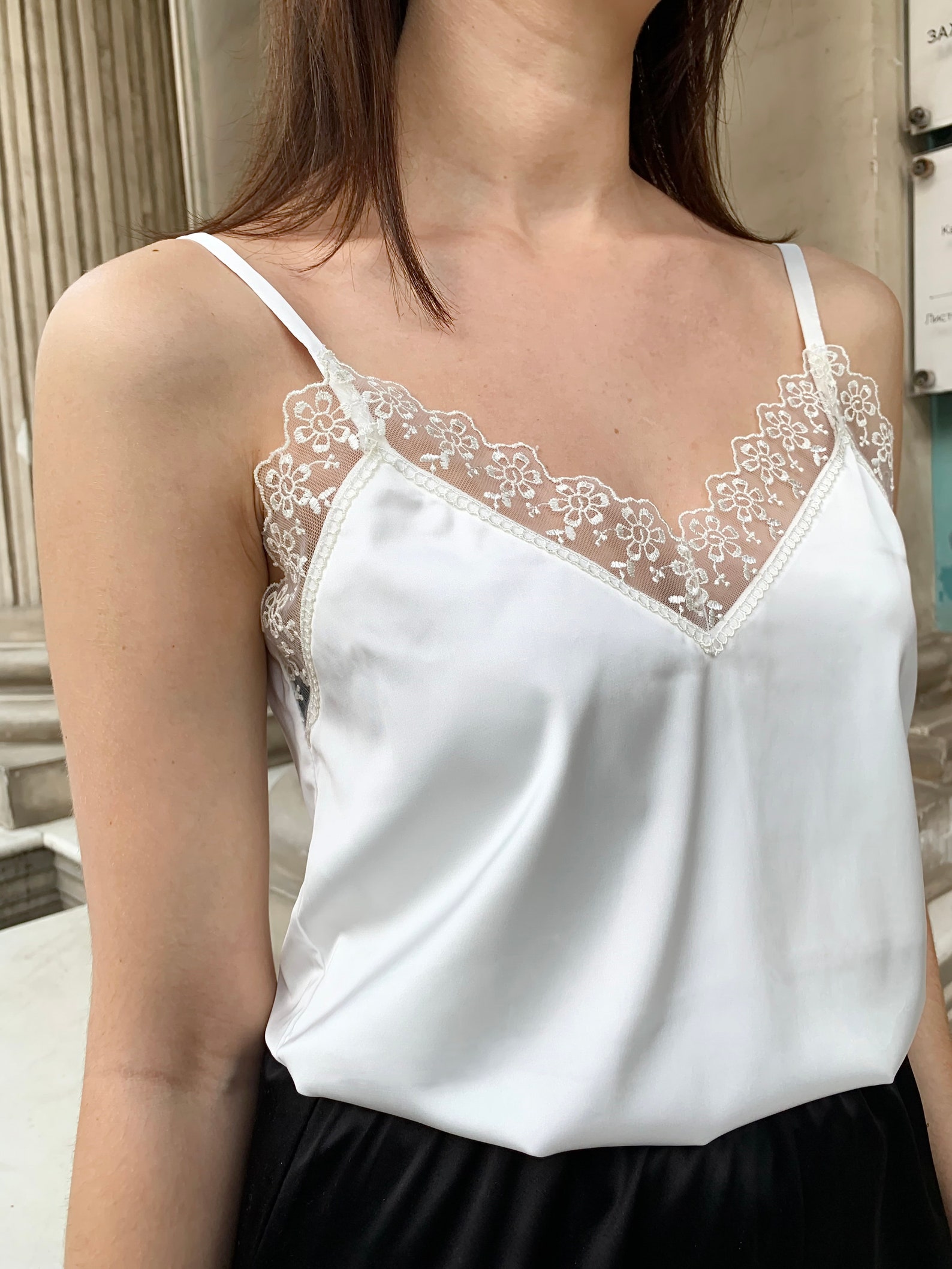 White Silk Top with Lace and thin Straps. Silk Satin Blouse. Etsy