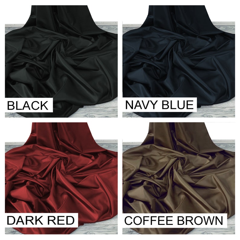 May include: Four fabric swatches in different colors: black, navy blue, dark red, and coffee brown. The fabric is smooth and has a slight sheen.