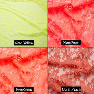May include: Four swatches of lace fabric in different colors: neon yellow, neon peach, neon orange, and coral peach.