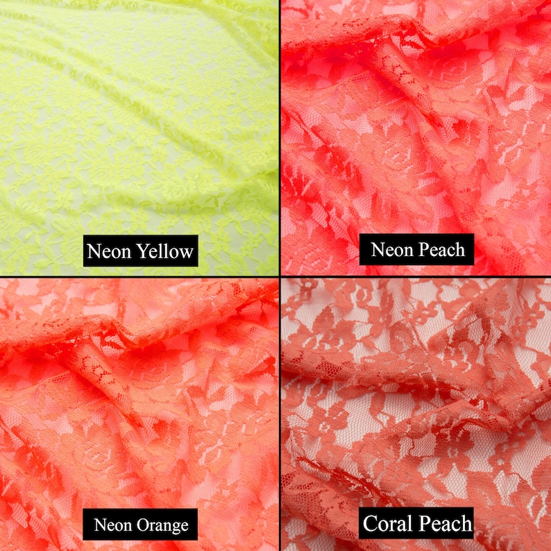 May include: Four swatches of lace fabric in different colors: neon yellow, neon peach, neon orange, and coral peach.