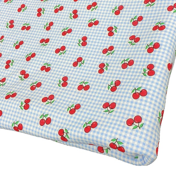 Gingham Cherry Jersey Fabric Polyester Spandex 2-Way Stretch 62" Wide Light Blue - Per Meter