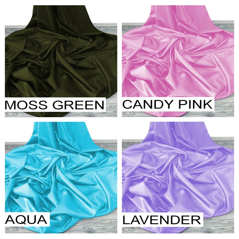 May include: Four fabric swatches in different colors: moss green, candy pink, aqua, and lavender. The fabric is smooth and silky.