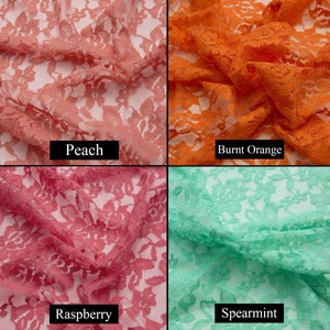 May include: Four swatches of lace fabric in different colors: peach, burnt orange, raspberry, and spearmint.
