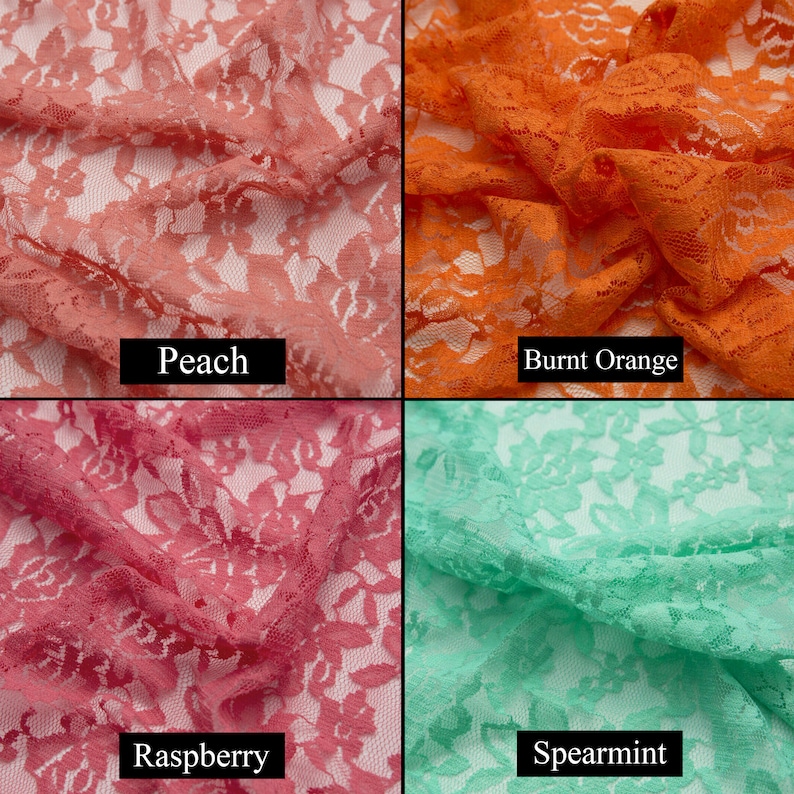 May include: Four swatches of lace fabric in different colors: peach, burnt orange, raspberry, and spearmint.