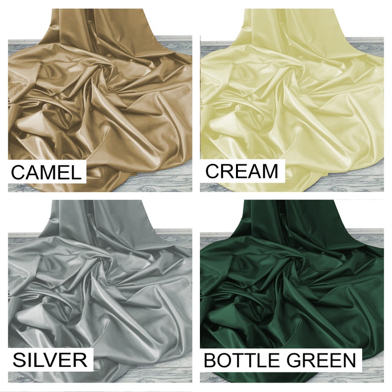 May include: Four fabric swatches in different colors: camel, cream, silver, and bottle green. The fabric is smooth and silky.