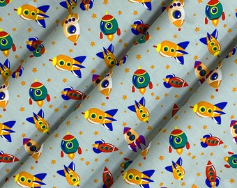 Glacier Rockets Spaceships Theme Print Cotton Fabric 45" Width Stars Craft Per Metre