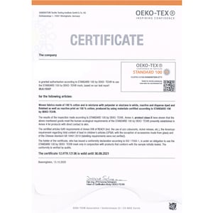May include: A certificate from OEKO-TEX&reg; confirming that the company is authorized to use the STANDARD 100 by OEKO-TEX&reg; mark. The certificate is valid until 30.09.2021. The certificate number is 12.HTH.12136. The certificate is for woven fabrics made of 100% cotton and in mixtures with polyester or elastane in white, reactive and disperse dyed and finished as well as reactive print on 100% cotton.