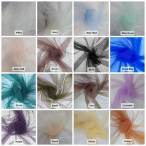 May include: A collection of 16 tulle fabric swatches in various colours, including white, ivory, baby blue, mint green, baby pink, brown, black, royal blue, green, khaki, tan, lavender, purple, peach, yellow, and orange.