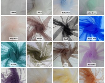 May include: A collection of 16 tulle fabric swatches in various colors, including white, ivory, baby blue, mint green, baby pink, brown, black, royal blue, green, khaki, tan, lavender, purple, peach, yellow, and orange.