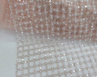 Peach Premium Heavy Beaded Lace Fabric With White Pearls Silver Thread and beads / Beaded Lace on Tulle/ Bridal Lace 135cm Wide