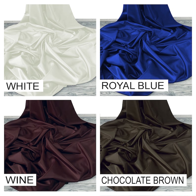 May include: Four fabric swatches in different colors: white, royal blue, wine, and chocolate brown. The fabric is smooth and has a satin finish.