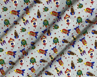 Silver Rockets Spaceships Theme Print Cotton Fabric 45" Width Stars Craft Per Metre