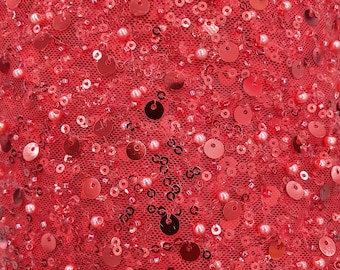 Red Heavy Beaded Lace Fabric/Red/Aqua Blue/Black/Peach/Beaded Pearlised Lace on Tulle/ Bridal Lace 150 cm Wide