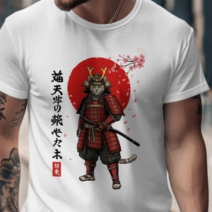 Samurai Cat T-shirt-Sweatshirt, Anime Cat Warrior Shirt, Japanese Samurai Cat Graphic Tee, Cherry Blossom Cat Art, Unique Cat Lover Gift