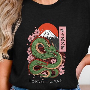 Japanese Dragon T-shirt-Sweatshirt, Tokyo Japan Graphic Tee, Cherry Blossom Sweatshirt, Asian Mythical Creature Print, Mount Fuji T-Shirt