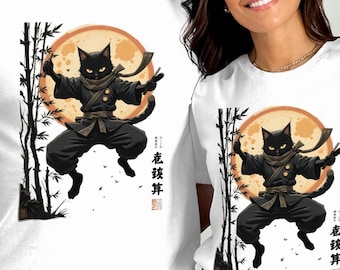 Camiseta de gato ninja, sudadera de gato samurái, camiseta de guerrero gato negro, camiseta de gato con estilo artístico japonés, ropa única para amantes de los gatos, camiseta con arte lunar