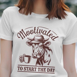 Funny Cow Coffee Shirt, Motivated To Start The Day, Cute Animal Graphic Tee, Fun Farm Life T-Shirt Gift, Trendy Cow Lover Gift
