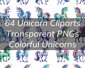 64 Unicorn Clipart Bundle, Colorful, High Quality, Unicorns Transparent PNG Clipart files, Unicorn Horns, Tails, For Mugs, Cards, Posters.