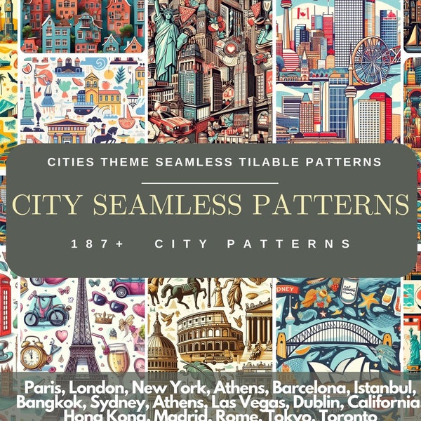 Vibrant City Themed Seamless Patterns, Instant Download, Modern Abstract Urban Artwork, Colorful Home Decor. Paris, London, New York, Athens