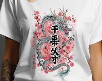 Maglietta con drago e ciliegio in fiore, felpa con arte giapponese, maglietta con creatura mitologica asiatica, idee regalo uniche, maglietta con drago, design con drago asiatico.