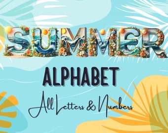 Paquete de letras del alfabeto de verano, letras PNG de verano, números, imágenes prediseñadas de verano, letras transparentes de verano PNG, paquete de alfabeto temático de verano