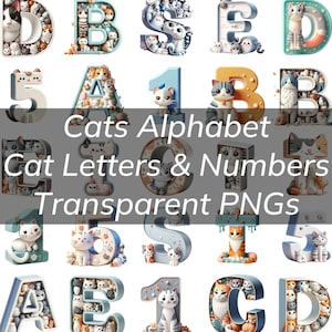 Katten alfabet, katten letters cijfers katten PNG transparante letters katten alfabet, initialen, kaarten, poster, kunst aan de muur katachtig alfabet bundel