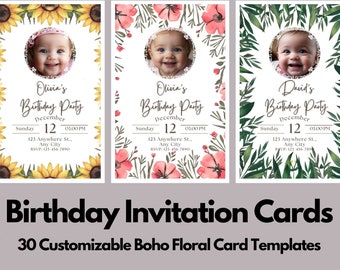 30 Customizable Birthday Party Invitation Cards Boho Floral Style Digital Download Pack Flower Frames, All Customizable Canva Templates