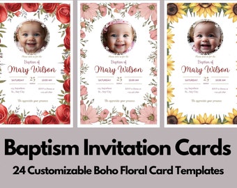 24 Customizable Baptism Invitation Cards Boho Floral Style Digital Download Pack Flower Frames, All Customizable Canva Templates Colorful