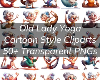 50+ Old Lady Yoga PNG Clipart Bundle Colorful Quirky Old Lady Yoga Poses for Posters, Cards, Posters, Mugs, T-shirt with Cool Old Lady Yoga
