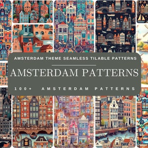 Puede incluir: Una colección de más de 100 patrones sin costuras y en mosaico con temática de Amsterdam. Los patrones presentan ilustraciones coloridas de edificios, canales, bicicletas, molinos de viento y otros monumentos emblemáticos de Amsterdam.