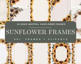 50 Watercolor Sunflower Frames | 50 Transparent PNG,files, Sunflower Botanical Frames for Bohemian Invitations, Cards, With Canva Templates