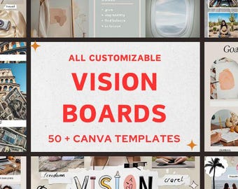 Más de 50 plantillas de tableros de visión, totalmente personalizables, tableros de estado de ánimo personalizados, realice un seguimiento de sus objetivos 2025-2026 Plantillas de Canva para tableros de visión