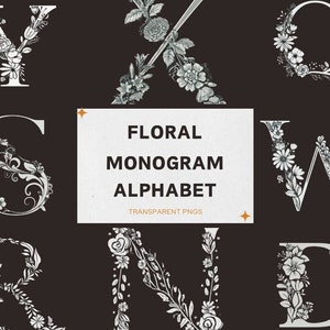 Alfabeto blanco con monograma floral, letras florales, PNG transparente, carteles de fuente blanca con monograma floral, camisetas, boda, diseño de fuente elegante