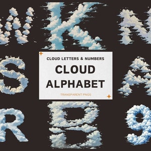 Peut inclure: Un alphabet de nuages avec les lettres W, K, N, S, A, R, H et 9. Les lettres sont composées de nuages blancs et moelleux sur un fond sombre. Le texte "CLOUD LETTERS & NUMBERS" et "CLOUD ALPHABET" est affiché dans un encadré blanc avec une étoile dorée à chaque coin.