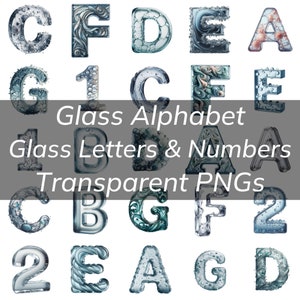 Ensemble alphabet en verre, lettres et chiffres en verre, PNG transparent, décoration en verre, lettres en cristal PNG, dessins de luxe modernes, alphabet d'art en verre